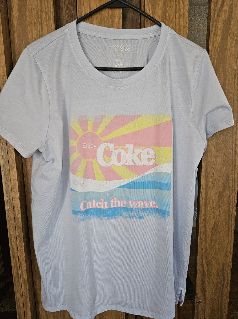 Plus Size Coca Cola Light Blue Graphic Tee Shirt - "Catch the Wave" XXL 80's
